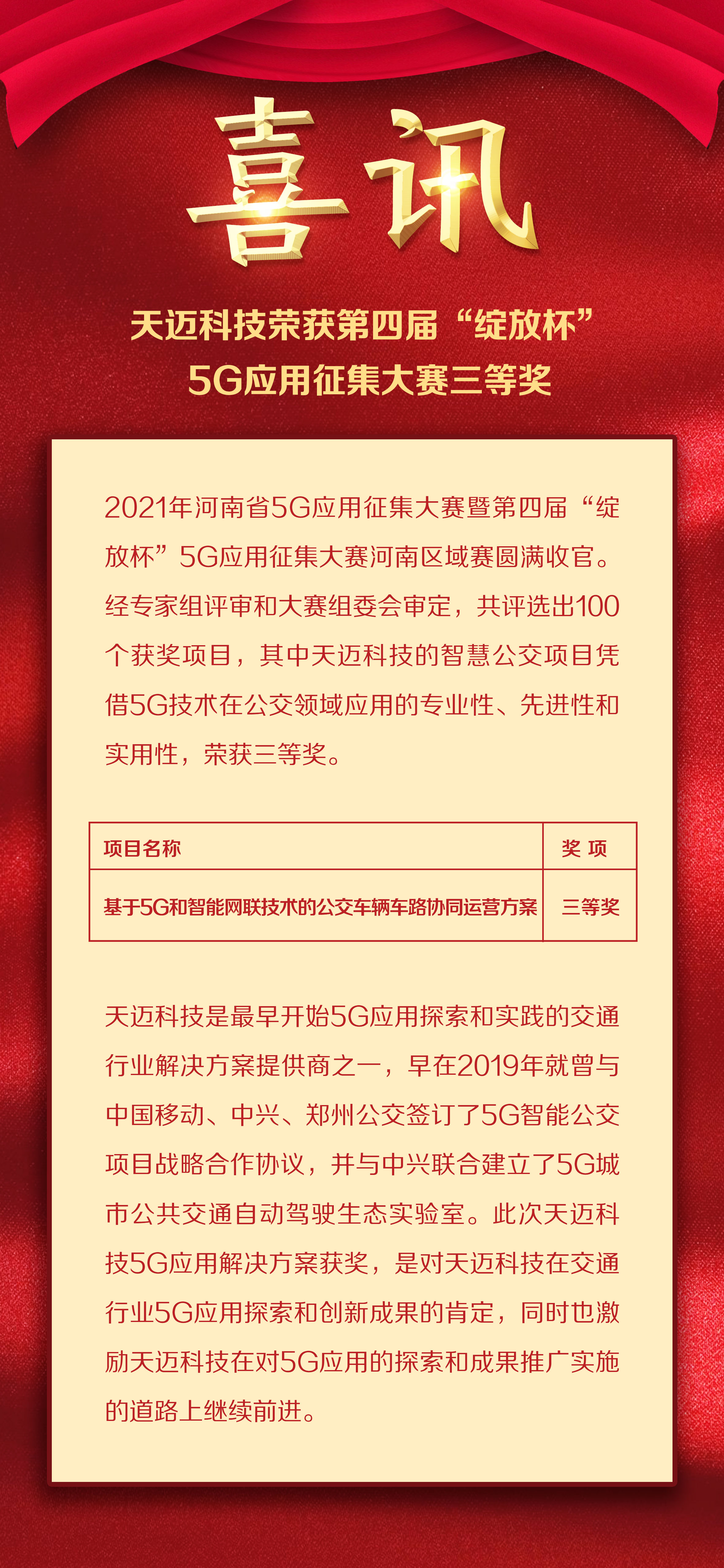 喜訊：天邁科技榮獲第四屆“綻放杯”5G應(yīng)用征集大賽三等獎